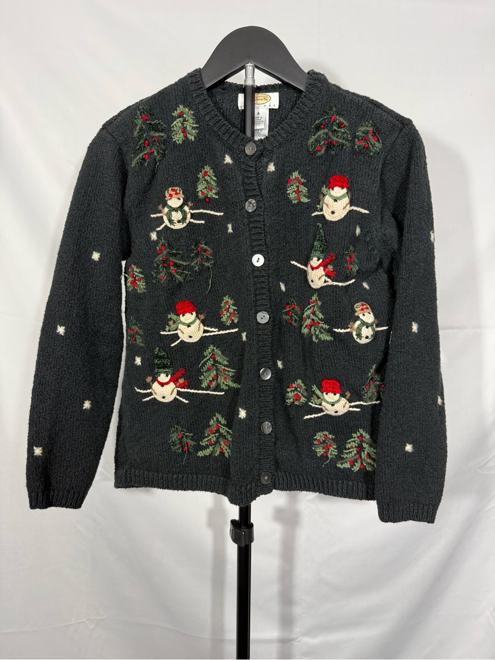 Talbots Petites Snowman Christmas Embroidered Cardigan Sweater S